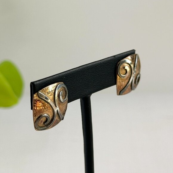 Modernist Sterling Silver & Copper Earrings For Pierced Ears 5/8" Unique Square - Picture 2 of 7
